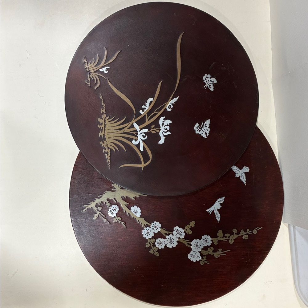 Round Asian SET/2Wooden Wall Art with Floral and Bird Designs Deep Contrast